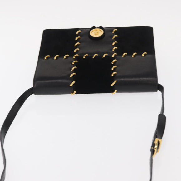 Salvatore Ferragamo Gancini Shoulder Bag Suede Leather Black Gold Auth 156462