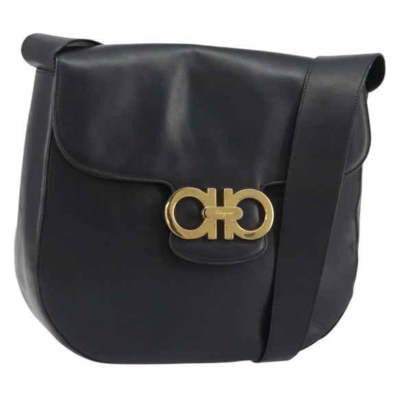 Salvatore Ferragamo Gancini Shoulder Bag Leather Black Gold Auth 156463