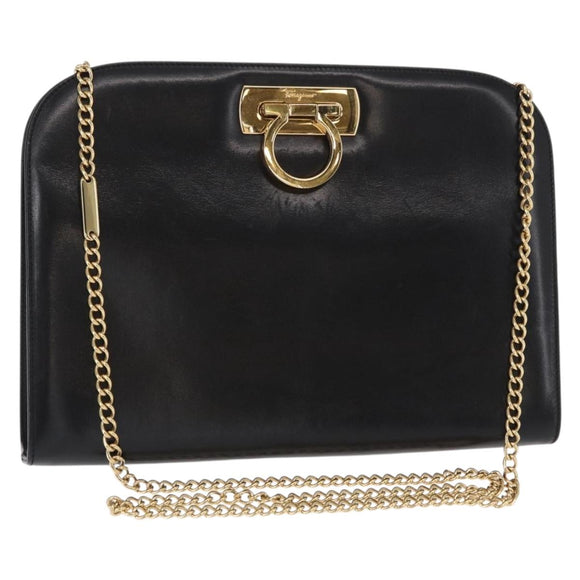 Salvatore Ferragamo Gancini Chain Shoulder Bag Leather Black Gold Auth 156464