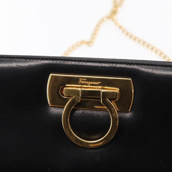 Salvatore Ferragamo Gancini Chain Shoulder Bag Leather Black Gold Auth 156464