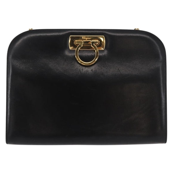 Salvatore Ferragamo Gancini Chain Shoulder Bag Leather Black Gold Auth 156464