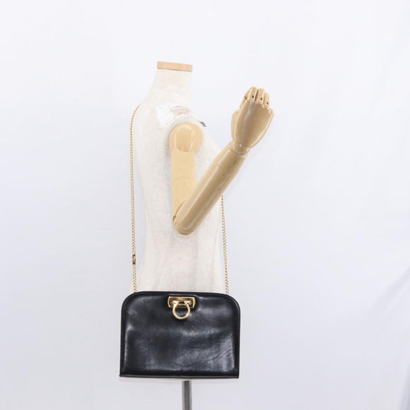 Salvatore Ferragamo Gancini Chain Shoulder Bag Leather Black Gold Auth 156464