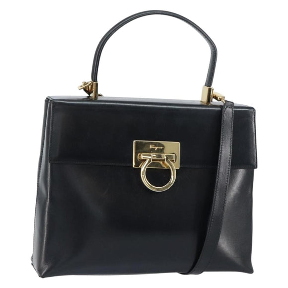 Salvatore Ferragamo Gancini Hand Bag Leather 2way Black Gold Auth 156465