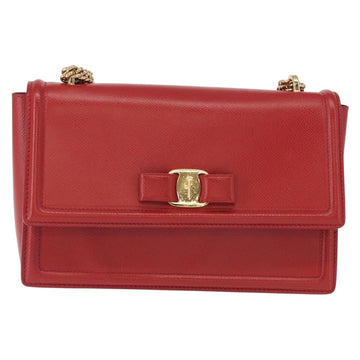 Salvatore Ferragamo Chain Vala Shoulder Bag Leather Red Gold Auth 156466V - 0