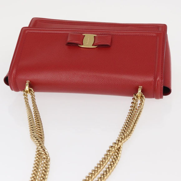 Salvatore Ferragamo Chain Vala Shoulder Bag Leather Red Gold Auth 156466V