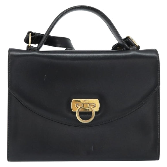 Salvatore Ferragamo Gancini Shoulder Bag Leather 2way Black Gold Auth 156467