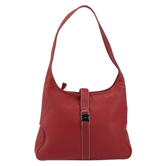 Salvatore Ferragamo Vala Shoulder Bag Leather Red Silver Auth 156468
