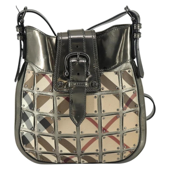 BURBERRY Nova Check Shoulder Bag PVC Beige Silver Auth 156476