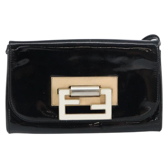 FENDI Shoulder Bag Enamel Black Gold Auth 156479
