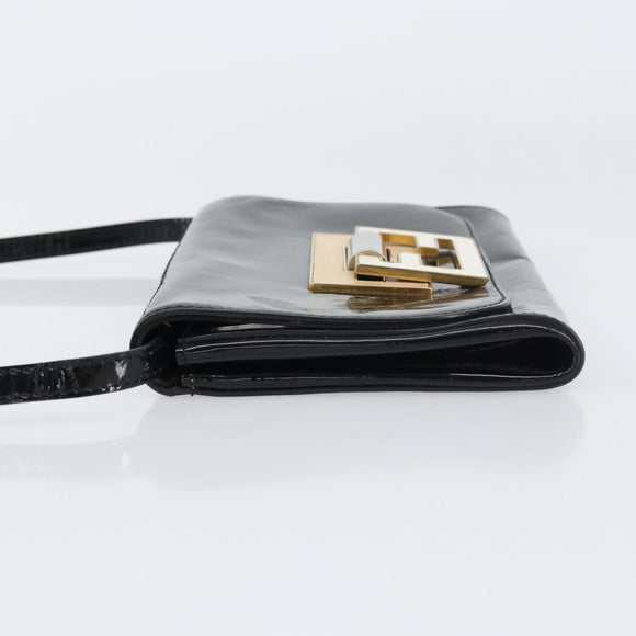 FENDI Shoulder Bag Enamel Black Gold Auth 156479