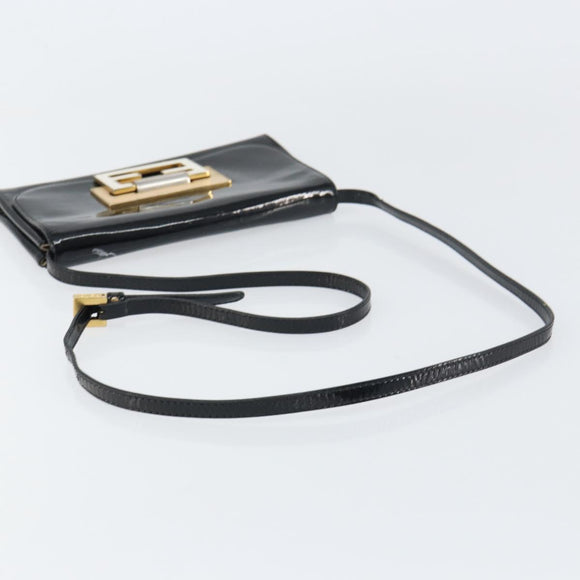 FENDI Shoulder Bag Enamel Black Gold Auth 156479