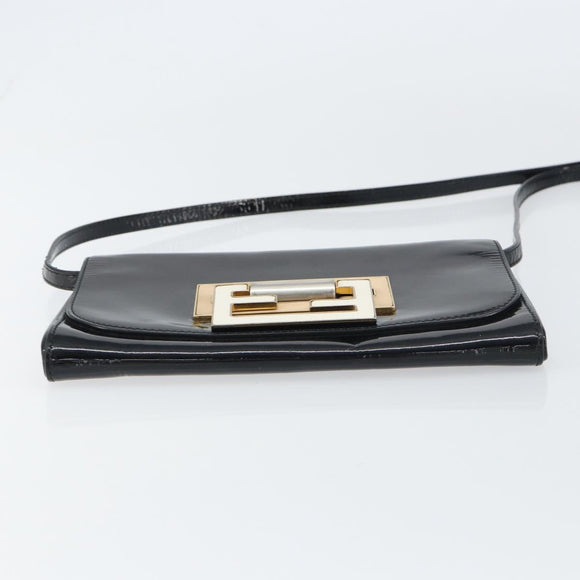FENDI Shoulder Bag Enamel Black Gold Auth 156479