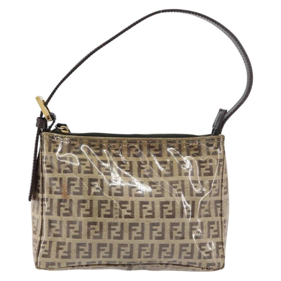 FENDI Zucchino Canvas Pouch Enamel Beige Gold Auth 156480