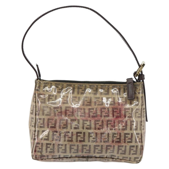 FENDI Zucchino Canvas Pouch Enamel Beige Gold Auth 156480