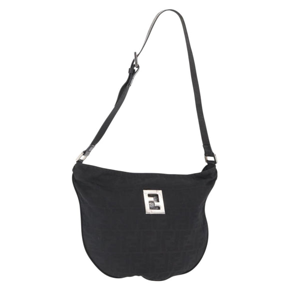 FENDI Zucca Canvas Shoulder Bag Black Silver Auth 156481
