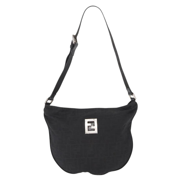 FENDI Zucca Canvas Shoulder Bag Black Silver Auth 156481