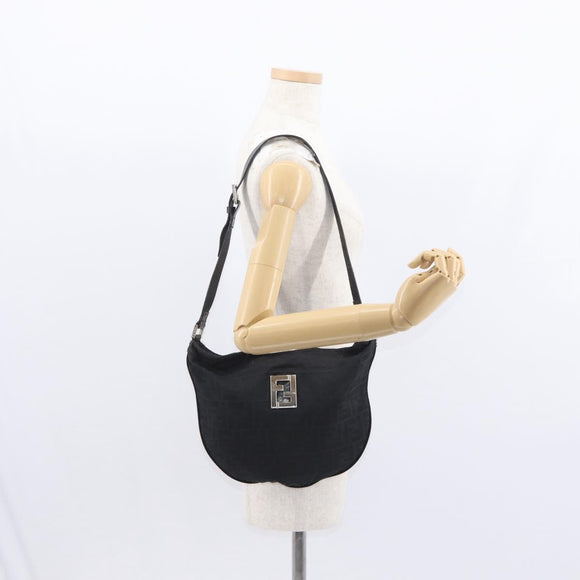 FENDI Zucca Canvas Shoulder Bag Black Silver Auth 156481