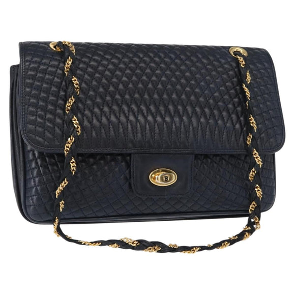 BALLY Chain Shoulder Bag Leather Navy Gold Auth 156485