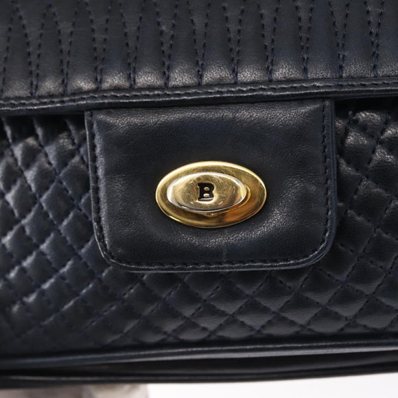 BALLY Chain Shoulder Bag Leather Navy Gold Auth 156485