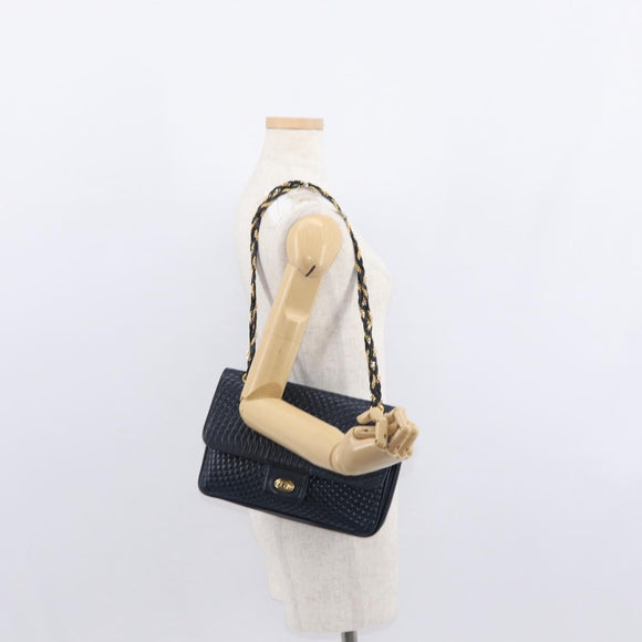 BALLY Chain Shoulder Bag Leather Navy Gold Auth 156485