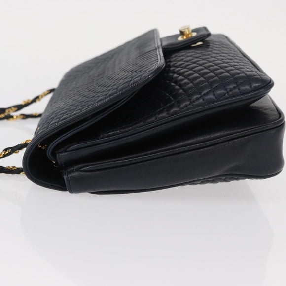 BALLY Chain Shoulder Bag Leather Navy Gold Auth 156485