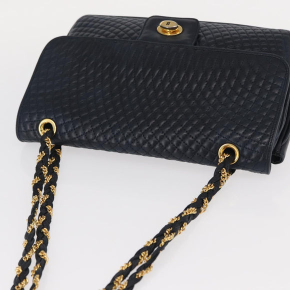 BALLY Chain Shoulder Bag Leather Navy Gold Auth 156485
