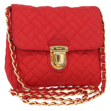 PRADA Chain Shoulder Bag Nylon Red Gold Auth 156490
