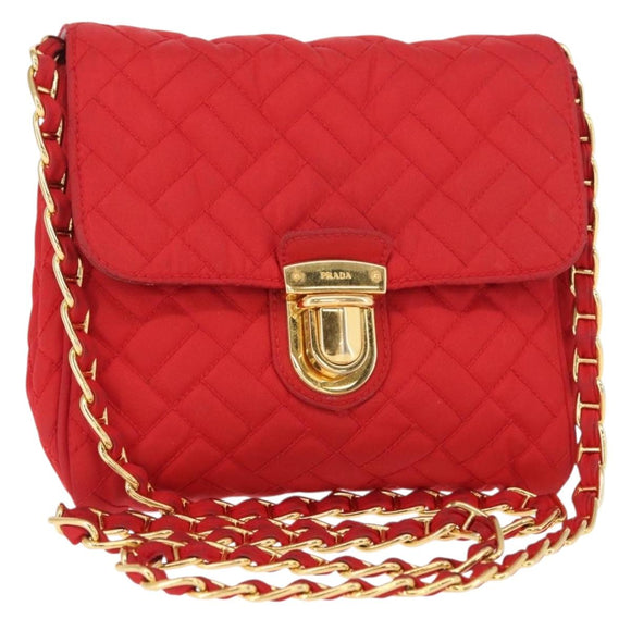 PRADA Chain Shoulder Bag Nylon Red Gold Auth 156490