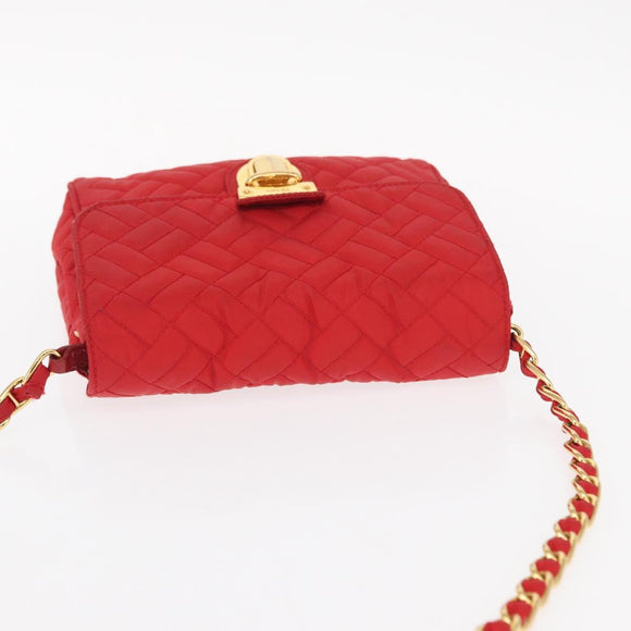 PRADA Chain Shoulder Bag Nylon Red Gold Auth 156490