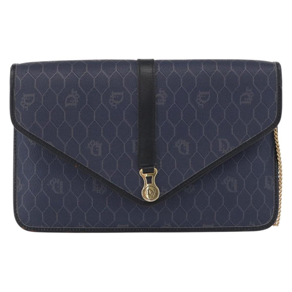 Christian Dior Honeycomb Canvas Chain Shoulder Bag PVC Navy Gold Auth 156493