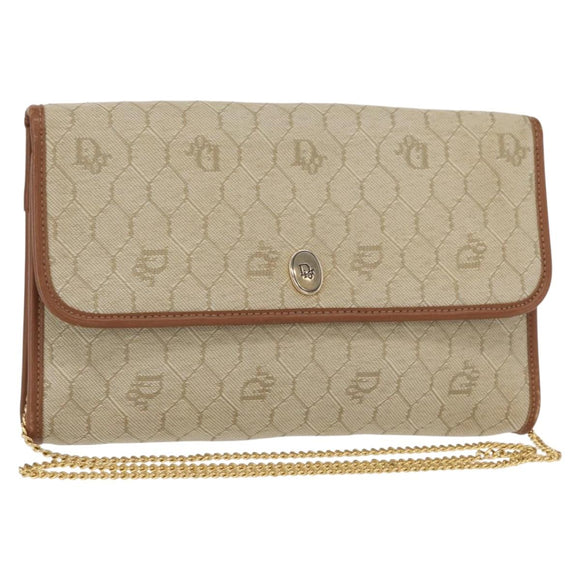 Christian Dior Honeycomb Canvas Chain Shoulder Bag PVC Beige Gold Auth 156494