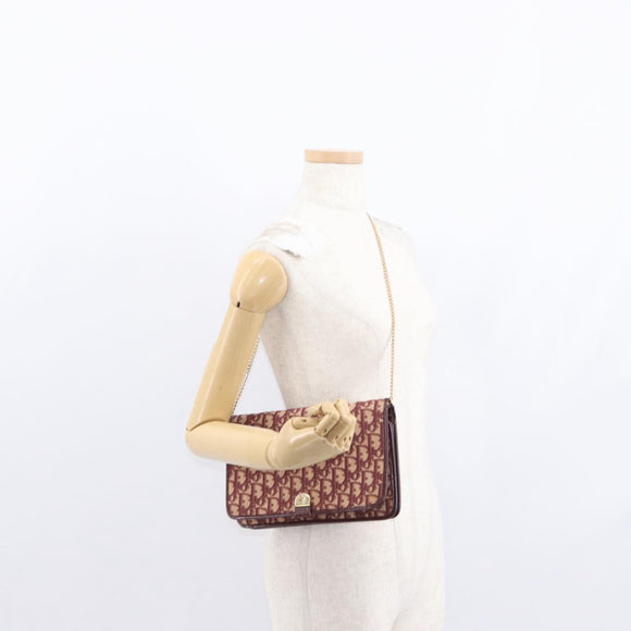 Christian Dior Trotter Canvas Chain Shoulder Bag Red Gold Auth 156497
