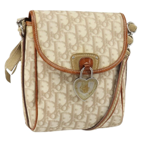 Christian Dior Trotter Canvas Romantic Schultertasche PVC Beige Silber Auth 156500