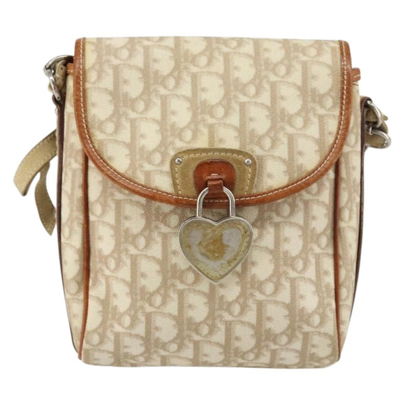 Christian Dior Trotter Canvas Romantic Schultertasche PVC Beige Silber Auth 156500