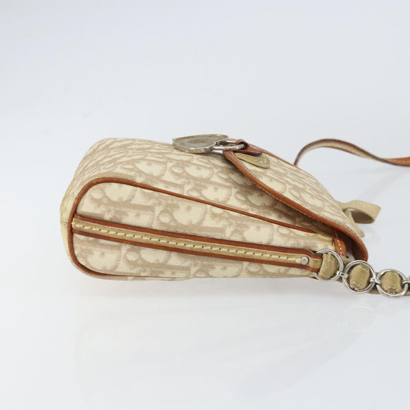 Christian Dior Trotter Canvas Romantic Schultertasche PVC Beige Silber Auth 156500