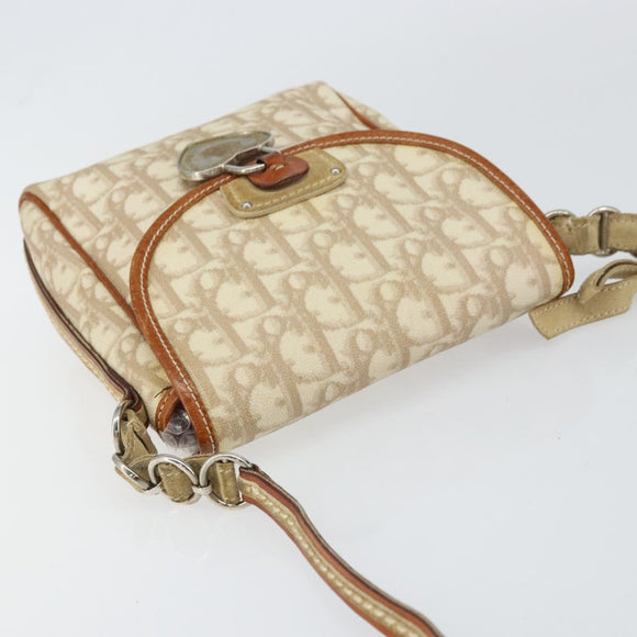 Christian Dior Trotter Canvas Romantic Schultertasche PVC Beige Silber Auth 156500