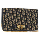 Christian Dior Trotter Canvas Chain Shoulder Bag Navy Gold Auth 156501V-1