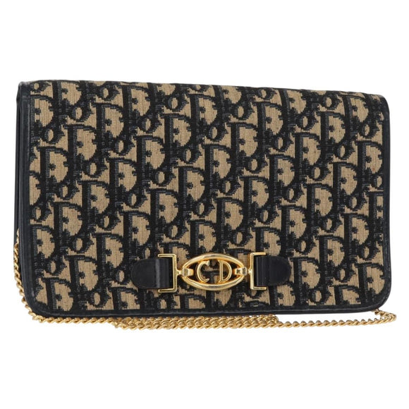 Christian Dior Trotter Canvas Chain Shoulder Bag Navy Gold Auth 156501V