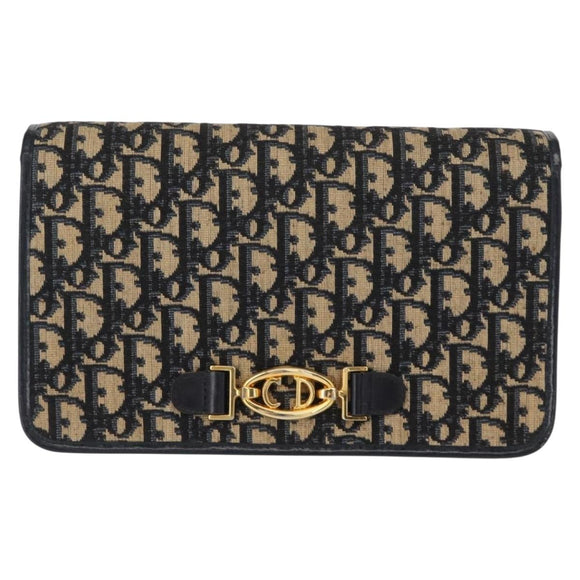 Christian Dior Trotter Canvas Chain Shoulder Bag Navy Gold Auth 156501V