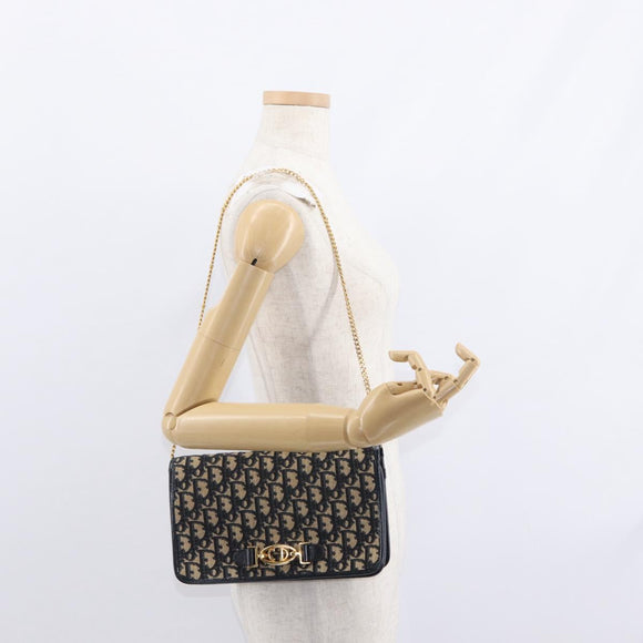 Christian Dior Trotter Canvas Chain Shoulder Bag Navy Gold Auth 156501V