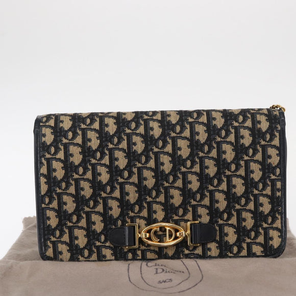 Christian Dior Trotter Canvas Chain Shoulder Bag Navy Gold Auth 156501V