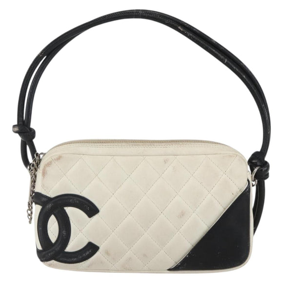 CHANEL Matelasse Cambon Line Hand Bag Calf Skin White Silver CC Auth 156503