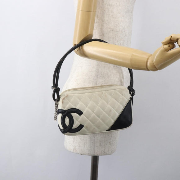 CHANEL Matelasse Cambon Line Hand Bag Calf Skin White Silver CC Auth 156503