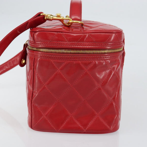 CHANEL Matelasse Vanity Hand Bag Patent leather 2way Red Gold CC Auth 156504