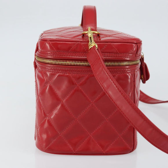 CHANEL Matelasse Vanity Hand Bag Patent leather 2way Red Gold CC Auth 156504