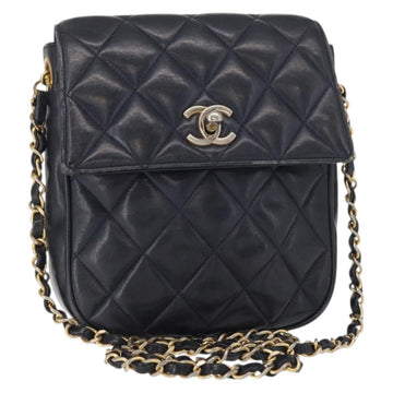 CHANEL Matelasse Chain Shoulder Bag Lamb Skin Navy Gold CC Auth 156505