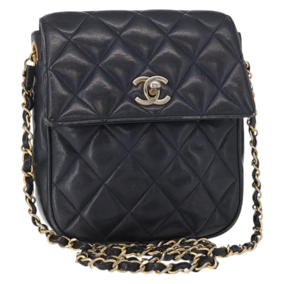 CHANEL Matelasse Chain Shoulder Bag Lamb Skin Navy Gold CC Auth 156505