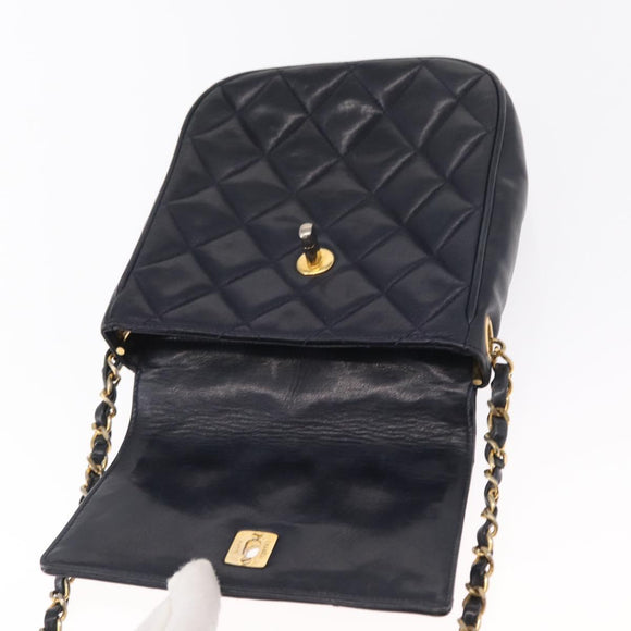 CHANEL Matelasse Chain Shoulder Bag Lamb Skin Navy Gold CC Auth 156505