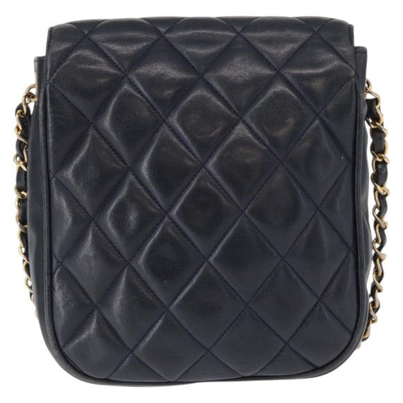CHANEL Matelasse Chain Shoulder Bag Lamb Skin Navy Gold CC Auth 156505