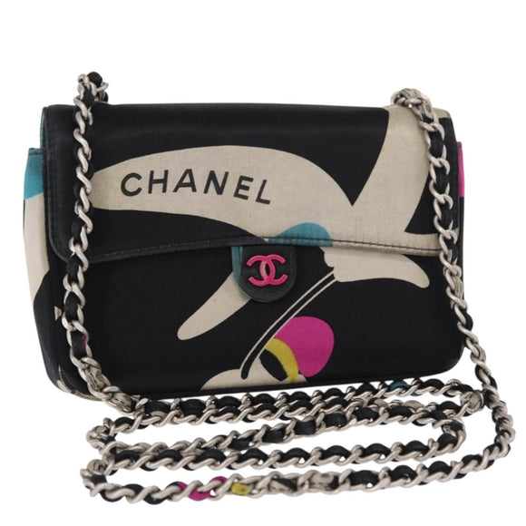 CHANEL Chain Shoulder Bag Satin Black Silver CC Auth 156506